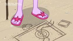 Size: 2048x1149 | Tagged: safe, screencap, character:twilight sparkle, character:twilight sparkle (scitwi), species:eqg human, episode:friendship math, g4, my little pony:equestria girls, close-up, feet, flip-flops, legs, pictures of legs, sandals, solo, stick