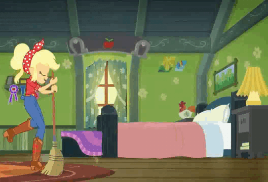 Size: 529x360 | Tagged: safe, screencap, character:applejack, episode:five to nine, g4, my little pony:equestria girls, animated, bedroom, boots, broom, clothing, country, country applejack, jacket, jeans, lamp, pants, shoes, sweeping, sweepsweepsweep, working