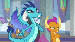 Size: 1280x720 | Tagged: safe, screencap, character:princess ember, character:smolder, character:violet twirl, species:dragon, species:pony, episode:school daze, g4, my little pony: friendship is magic, angry, authority, background pony, claws, clenched fist, clever musings, crossed arms, demanding, dragoness, duo focus, female, folded wings, forced, friendship student, gritted teeth, hand on chest, horns, leaning, narrowed eyes, pouting, raised eyebrow, rebellious teen, school of friendship, spoiled brat, spread wings, sulking, wings