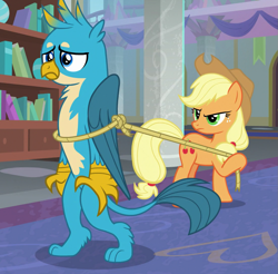 Size: 1097x1079 | Tagged: safe, screencap, character:applejack, character:gallus, species:earth pony, species:griffon, species:pony, episode:school daze, g4, my little pony: friendship is magic, bipedal, bondage, bound wings, cropped, female, lasso, majestic, male, out of context, rope, rope bondage