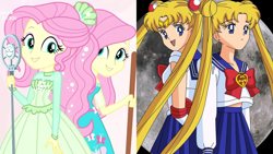 Size: 3643x2048 | Tagged: safe, screencap, character:fluttershy, episode:so much more to me, g4, my little pony:equestria girls, clothing, comparison, cute, dress, duality, sailor moon, serena tsukino, shyabetes, tsukino usagi