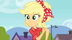 Size: 1280x720 | Tagged: safe, screencap, character:applejack, episode:five to nine, g4, my little pony:equestria girls, clothing, country, country applejack, houses, jacket, mountain, sky, tree, working