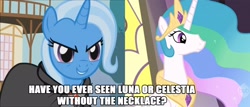 Size: 1686x720 | Tagged: safe, screencap, character:princess celestia, character:trixie, episode:magic duel, g4, my little pony: friendship is magic, alicorn amulet, amulet, caption, meta, necklace, theory