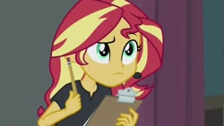 Size: 1280x720 | Tagged: safe, screencap, character:sunset shimmer, episode:all the world's off stage, g4, my little pony:equestria girls, director shimmer, female, pencil, serious, solo, theater