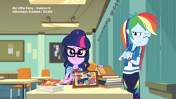 Size: 1920x1080 | Tagged: safe, screencap, character:rainbow dash, character:twilight sparkle, character:twilight sparkle (scitwi), species:eqg human, episode:the last day of school, g4, my little pony:equestria girls, adorkable, chair, cute, dork, geode of super speed, geode of telekinesis, looking at you, magical geodes, table