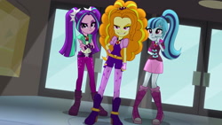 Size: 1920x1080 | Tagged: safe, screencap, character:adagio dazzle, character:aria blaze, character:sonata dusk, equestria girls:rainbow rocks, g4, my little pony:equestria girls, adorabolical, adoragio, ariabetes, canterlot high, crossed arms, cute, evil grin, female, gem, grin, obviously evil, siren gem, smiling, sonatabetes