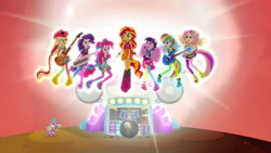 Size: 1920x1080 | Tagged: safe, screencap, character:applejack, character:fluttershy, character:pinkie pie, character:rainbow dash, character:rarity, character:spike, character:sunset shimmer, character:twilight sparkle, species:dog, equestria girls:rainbow rocks, g4, my little pony:equestria girls, female, floating, humane five, humane seven, humane six, music, musical instrument, pony ears, rainbow power, singing, spike the dog, welcome to the show, wings