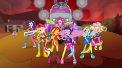 Size: 1920x1080 | Tagged: safe, screencap, character:applejack, character:dj pon-3, character:fluttershy, character:pinkie pie, character:rainbow dash, character:rarity, character:spike, character:sunset shimmer, character:twilight sparkle, character:vinyl scratch, species:dog, equestria girls:rainbow rocks, g4, my little pony:equestria girls, bassmobile, drums, guitar, humane five, humane seven, humane six, microphone, musical instrument, pony ears, singing, spike the dog, tambourine, welcome to the show