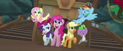 Size: 1920x804 | Tagged: safe, screencap, character:applejack, character:fluttershy, character:mullet, character:pinkie pie, character:rainbow dash, character:rarity, character:spike, species:anthro, species:earth pony, species:parrot, species:pegasus, species:pony, species:unicorn, my little pony: the movie (2017), anthro with ponies, bandana, clothing, eyepatch, eyes closed, happy, hat, parrot pirates, pirate, pirate applejack, pirate fluttershy, pirate hat, pirate pinkie pie, pirate rainbow dash, pirate rarity, smiling, sword, time to be awesome, weapon