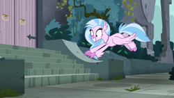 Size: 1920x1080 | Tagged: safe, screencap, character:silverstream, species:classical hippogriff, species:hippogriff, episode:school daze, g4, my little pony: friendship is magic, castle of the royal pony sisters, cute, diastreamies, excited, eyes on the prize, flying, grin, jewelry, necklace, pointing, smiling, solo, spread wings, squee, stairs, that hippogriff sure does love stairs, wide eyes, wings