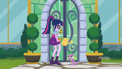 Size: 2208x1242 | Tagged: safe, screencap, character:spike, character:spike (dog), character:twilight sparkle, character:twilight sparkle (scitwi), species:dog, species:eqg human, episode:my little shop of horrors, g4, my little pony:equestria girls, apron, boots, celestia's house, clothing, glasses, gloves, lidded eyes, plants, ponytail, raised leg, shoes, skirt, watering can