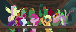 Size: 1920x804 | Tagged: safe, screencap, character:applejack, character:boyle, character:fluttershy, character:lix spittle, character:mullet, character:murdock, character:pinkie pie, character:rarity, character:spike, species:anthro, species:dragon, species:earth pony, species:parrot, species:pegasus, species:pony, species:unicorn, my little pony: the movie (2017), anthro with ponies, bandana, clothing, cute, derp, eyepatch, eyes closed, hat, parrot pirates, pirate, pirate hat, prosthetic beak, sword, time to be awesome, weapon