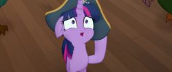 Size: 1920x804 | Tagged: safe, screencap, character:twilight sparkle, character:twilight sparkle (alicorn), species:alicorn, species:pony, my little pony: the movie (2017), clothing, hat, nervous, pirate hat, scared, shocked, solo, time to be awesome