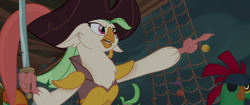 Size: 1920x804 | Tagged: safe, screencap, character:captain celaeno, character:lix spittle, character:mullet, species:anthro, species:parrot, my little pony: the movie (2017), airship, clothing, feather, hat, parrot hat, parrot pirates, pirate, pirate hat, pirate ship, pointing, saber, sword, weapon