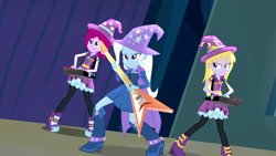Size: 1920x1080 | Tagged: safe, screencap, character:fuchsia blush, character:lavender lace, character:trixie, equestria girls:rainbow rocks, g4, my little pony:equestria girls, clothing, female, guitar, hat, smiling, smirk, trio, trio female, trixie and the illusions, trixie's hat, under our spell