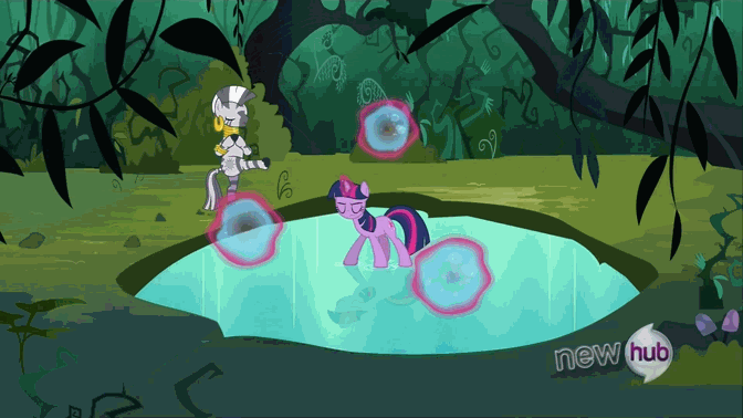 Size: 672x378 | Tagged: safe, screencap, character:twilight sparkle, character:twilight sparkle (unicorn), character:zecora, species:pony, species:unicorn, species:zebra, episode:magic duel, g4, my little pony: friendship is magic, animated, balancing, bipedal, duo, ear piercing, earring, everfree forest, eyes closed, female, glowing horn, hooves together, jewelry, magic, magic training, mare, meditation, mohawk, piercing, pond, shaman, standing, standing on one leg, standing on water, talking, teacher and student, telekinesis, water