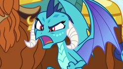 Size: 1280x720 | Tagged: safe, screencap, character:prince rutherford, character:princess ember, species:dragon, species:yak, episode:school daze, g4, my little pony: friendship is magic, angry, clenched fist, dragoness, ear piercing, ember is not amused, female, furious, horns, i'll show you unpredictable, insulted, open mouth, solo focus, spread wings, talking, wings
