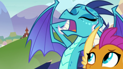 Size: 1280x720 | Tagged: safe, screencap, character:princess ember, character:smolder, species:dragon, episode:school daze, g4, my little pony: friendship is magic, claws, covering ears, dragoness, drama queen, duo, eyes closed, female, giving in, hands on head, horns, humorus, looking up, obscured face, open mouth, raised eyebrow, solo focus, spread wings, teenaged dragon, teenager, wings, yelling