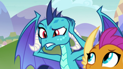 Size: 1280x720 | Tagged: safe, screencap, character:princess ember, character:smolder, species:dragon, episode:school daze, g4, my little pony: friendship is magic, claws, covering ears, dragoness, duo, ember is not amused, female, giving in, gritted teeth, holding head, horns, looking up, obscured face, raised eyebrow, slit eyes, solo focus, spread wings, teenaged dragon, teenager, wings