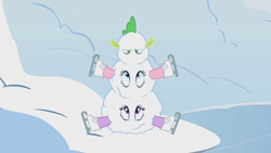 Size: 1280x720 | Tagged: safe, screencap, character:pinkie pie, character:spike, character:twilight sparkle, species:dragon, species:pony, episode:winter wrap up, g4, my little pony: friendship is magic, ice skates, snow, snowman, spike is not amused, trio, unamused