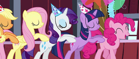 Size: 464x197 | Tagged: safe, screencap, character:applejack, character:fluttershy, character:pinkie pie, character:rarity, character:twilight sparkle, species:earth pony, species:pegasus, species:pony, species:unicorn, episode:party of one, g4, my little pony: friendship is magic, animated, barn, butt touch, clothing, conga, eyes closed, female, gif, hat, hoof on butt, mare, party hat, smiling