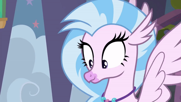 Size: 600x338 | Tagged: safe, screencap, character:silverstream, species:classical hippogriff, species:hippogriff, episode:school daze, g4, my little pony: friendship is magic, animated, cute, diastreamies, excited, flapping, gif, hallway, hands on cheeks, hands on face, hands on head, looking at something, school of friendship, shrunken pupils, solo, sparkle eyes, stairs, talking