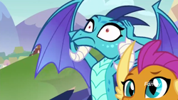 Size: 1920x1080 | Tagged: safe, screencap, character:princess ember, character:smolder, species:dragon, episode:school daze, g4, my little pony: friendship is magic, claws, covering ears, discovery family logo, dragoness, duo, faec, female, frown, giving in, hands on head, horns, humorus, shrunken pupils, slit eyes, solo focus, spread wings, teenaged dragon, teenager, wide eyes, wings