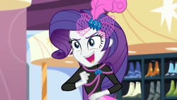 Size: 1280x720 | Tagged: safe, screencap, character:rarity, episode:display of affection, g4, my little pony:equestria girls, bow, clothing, curtain, determined, jewelry, necklace, shoes