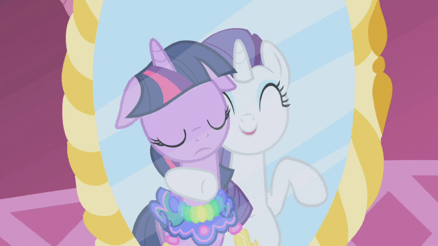 Size: 640x360 | Tagged: safe, screencap, character:rarity, character:twilight sparkle, species:pony, species:unicorn, episode:the ticket master, g4, my little pony: friendship is magic, animated, clothing, dress, duo, duo female, female, floppy ears, gif, mare, mirror, saddle, tack