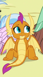 Size: 720x1280 | Tagged: safe, screencap, character:silverstream, character:smolder, character:yona, species:classical hippogriff, species:dragon, species:hippogriff, episode:school daze, g4, my little pony: friendship is magic, cropped, cute, dragoness, female, sitting, smolderbetes, solo focus, spread legs, spreading