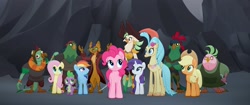 Size: 1777x744 | Tagged: safe, screencap, character:applejack, character:boyle, character:capper dapperpaws, character:captain celaeno, character:fluttershy, character:lix spittle, character:mullet, character:murdock, character:pinkie pie, character:princess skystar, character:rainbow dash, character:rarity, character:spike, species:abyssinian, species:anthro, species:classical hippogriff, species:digitigrade anthro, species:earth pony, species:hippogriff, species:pegasus, species:pony, species:unicorn, my little pony: the movie (2017), amputee, anthro with ponies, beach, cat, happy, parrot pirates, peg leg, pirate, prosthetic beak, prosthetic leg, prosthetic limb, prosthetics, smiling, spoon