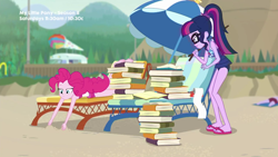 Size: 1280x720 | Tagged: safe, screencap, character:pinkie pie, character:twilight sparkle, character:twilight sparkle (scitwi), species:eqg human, episode:friendship math, g4, my little pony:equestria girls, barefoot, beach, book, clothing, duo, duo female, feet, female, swimsuit, that girl sure does love books