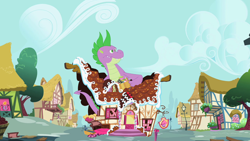 Size: 1280x720 | Tagged: safe, screencap, character:spike, species:dragon, episode:secret of my excess, g4, my little pony: friendship is magic, greed spike, male, ponyville, ruins, solo, spikezilla, sugarcube corner