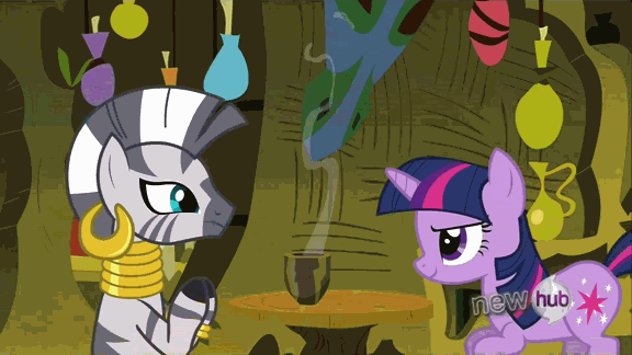 Size: 576x324 | Tagged: safe, screencap, character:twilight sparkle, character:zecora, species:zebra, episode:magic duel, g4, my little pony: friendship is magic, animated, displeased, glare, sheepish grin, spill, tea