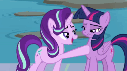 Size: 1280x720 | Tagged: safe, screencap, character:fluttershy, character:philomena, character:starlight glimmer, character:twilight sparkle, character:twilight sparkle (alicorn), species:alicorn, species:phoenix, species:pony, episode:a bird in the hoof, episode:school daze, g4, my little pony: friendship is magic, season 1, animated, bridge, fluttershy's cottage, frown, pond, smiling, smirk, smug, smuglight glimmer, sound, stone, waterfall, webm