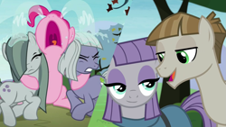 Size: 1921x1080 | Tagged: safe, screencap, character:limestone pie, character:marble pie, character:maud pie, character:mudbriar, character:pinkie pie, species:earth pony, species:pony, ship:maudbriar, episode:the maud couple, g4, my little pony: friendship is magic, crying, epic fountain of tears, eyes closed, female, male, ocular gushers, shipping, smiling, straight, when he smiles, when she smiles