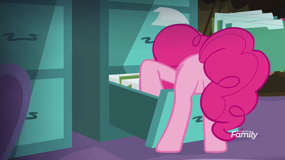 Size: 960x540 | Tagged: safe, screencap, character:pinkie pie, species:earth pony, species:pony, episode:the maud couple, g4, my little pony: friendship is magic, animated, balloonbutt, butt, butt shake, discovery family logo, female, file cabinet, mare, party cave, plot, solo