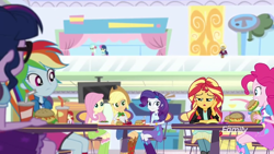 Size: 1280x720 | Tagged: safe, screencap, character:applejack, character:bon bon, character:fluttershy, character:lyra heartstrings, character:nolan north, character:pinkie pie, character:rainbow dash, character:rarity, character:sunset shimmer, character:sweetie drops, character:trenderhoof, character:twilight sparkle, character:twilight sparkle (scitwi), species:eqg human, equestria girls:mirror magic, g4, my little pony:equestria girls, apple, burger, canterlot mall, eating, female, food, geode of empathy, geode of shielding, geode of super speed, geode of super strength, hamburger, magical geodes, nolan north, salad, soda, worried