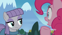 Size: 1064x598 | Tagged: safe, screencap, character:maud pie, character:pinkie pie, episode:the maud couple, g4, my little pony: friendship is magic, cute, discovery family logo, maudabetes, smiling, when she smiles