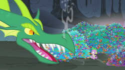 Size: 1280x720 | Tagged: safe, screencap, character:spike, species:dragon, episode:owl's well that ends well, g4, my little pony: friendship is magic, dragon hoard, duo, gem, hoard, male, open mouth, reginald, smoke, treasure