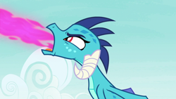 Size: 1280x720 | Tagged: safe, screencap, character:princess ember, species:dragon, episode:triple threat, g4, my little pony: friendship is magic, dragoness, dragonfire, eyes closed, female, fire, fire breath, flying, frown, glare, open mouth, pink fire, solo, spread wings, wings