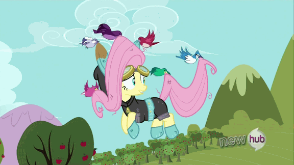 Size: 576x324 | Tagged: safe, screencap, character:fluttershy, species:bird, species:pegasus, species:pony, episode:magic duel, g4, my little pony: friendship is magic, animated, bunny ears, clothing, dangerous mission outfit, female, goggles, hoodie, mare, reversed, solo