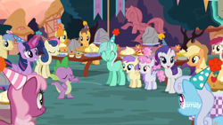 Size: 1920x1080 | Tagged: safe, screencap, character:applejack, character:bon bon, character:caramel, character:carrot top, character:cheerilee, character:golden harvest, character:goldengrape, character:linky, character:lyra heartstrings, character:rarity, character:roseluck, character:shoeshine, character:spike, character:sweetie drops, character:twilight sparkle, character:twilight sparkle (alicorn), species:alicorn, species:pony, episode:the maud couple, g4, my little pony: friendship is magic, clothing, hat, party, party hat