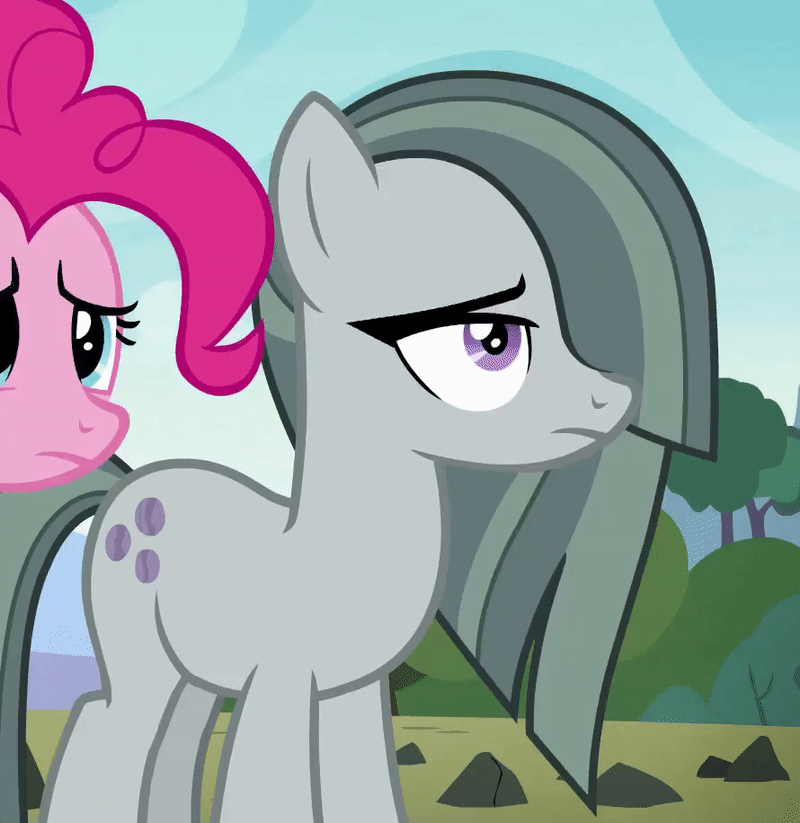 Size: 800x823 | Tagged: safe, screencap, character:marble pie, character:pinkie pie, species:earth pony, species:pony, episode:the maud couple, g4, my little pony: friendship is magic, angry, animated, badass, cute, female, frown, gif, glare, madorable, marble pie is not amused, marblebetes, mare, solo focus