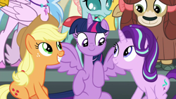Size: 1920x1080 | Tagged: safe, screencap, character:applejack, character:ocellus, character:silverstream, character:starlight glimmer, character:twilight sparkle, character:twilight sparkle (alicorn), character:yona, species:alicorn, species:earth pony, species:pony, species:unicorn, season 8, cute, cutie mark, intro, theme song