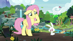 Size: 1920x1080 | Tagged: safe, screencap, character:angel bunny, character:clementine, character:discord, character:fluttershy, character:harry, species:draconequus, species:goat, species:pegasus, species:pony, species:rabbit, season 8, cute, eating, ferret, floppy ears, giraffe, hoof on cheek, intro, messy eating, otter, shyabetes, smiling, sweet feather sanctuary