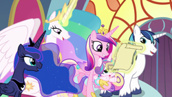 Size: 1920x1080 | Tagged: safe, screencap, character:princess cadance, character:princess celestia, character:princess flurry heart, character:princess luna, character:shining armor, species:alicorn, species:pony, species:unicorn, aunt and niece, ethereal mane, father and daughter, female, galaxy mane, glowing horn, holding a pony, husband and wife, intro, magic, male, mare, married couple, mother and daughter, one of these things is not like the others, opening credits, royal family, stallion, telekinesis, unshorn fetlocks