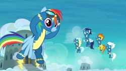 Size: 1920x1080 | Tagged: safe, screencap, character:fleetfoot, character:misty fly, character:rainbow dash, character:soarin', character:spitfire, episode:wonderbolts academy, clothing, goggles, intro, uniform, wonderbolts, wonderbolts uniform