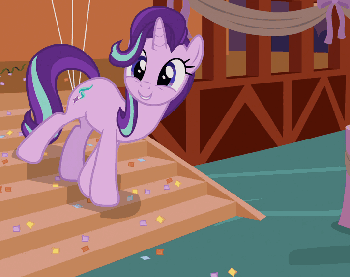 Size: 712x564 | Tagged: safe, screencap, character:starlight glimmer, species:pony, species:unicorn, episode:the maud couple, g4, my little pony: friendship is magic, animated, blinking, confetti, cropped, cute, eyes closed, female, gif, glimmerbetes, happy, mare, open mouth, party, raised hoof, smiling, solo, walking, waving
