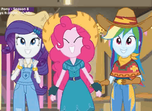 Size: 491x360 | Tagged: safe, screencap, character:pinkie pie, character:rainbow dash, character:rarity, episode:five to nine, g4, my little pony:equestria girls, animated, barn, boots, bracelet, clothing, country, cowboy hat, cowgirl, cowgirl outfit, cute, dancing, dancity, dashabetes, diapinkes, dress, eyes closed, farmer pinkie, female, gif, grin, hat, jacket, jewelry, overalls, pants, raribetes, shoes, smiling, squee, stetson, trio, trio female